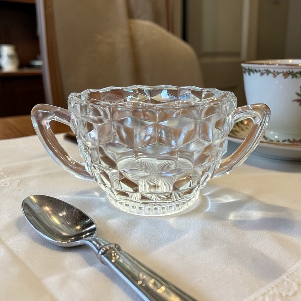 Vintage Fostoria American Clear Glass Open Sugar Bowl Cubist Block Pattern